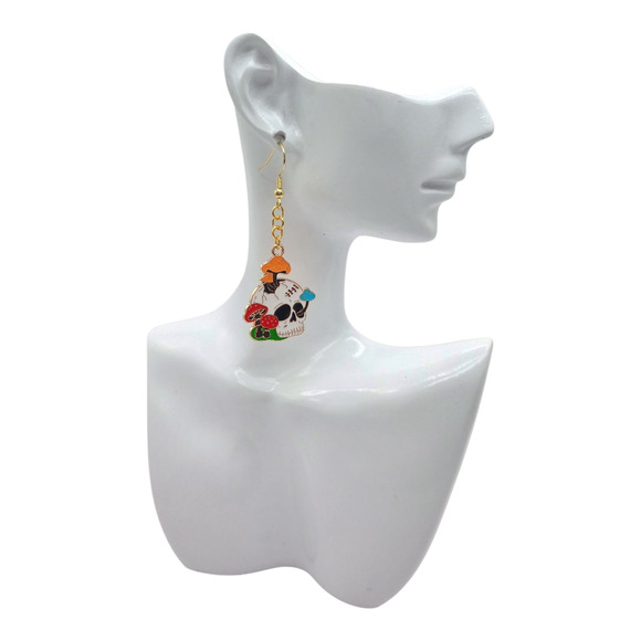 Skull & Mushroom Dangle Earrings | Witchy Gothic Halloween Jewelry - Picture 4 of 4